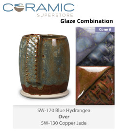 Blue Hydrangea SW170 over Copper Jade SW130 Stoneware Glaze Combination Blue Hydrangea SW170 over Copper Jade SW130 Stoneware Glaze Combination